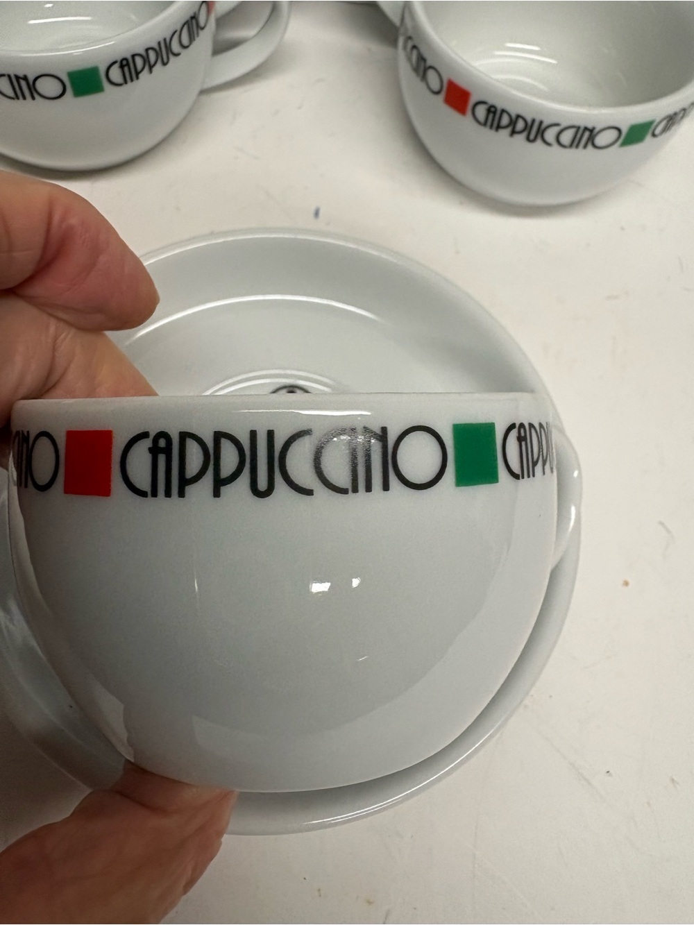 Cappuccino Espresso Cups with Saucers - White with Red & Green Accents Set of 3 - Picture 10 of 12